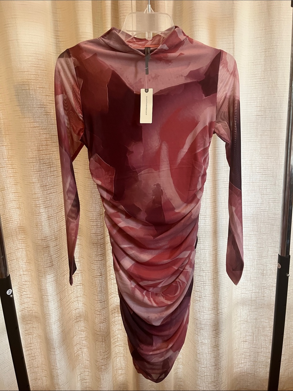Anthropologie Burgundy & Rose Mock-Neck Ruched Long-Sleeve Dress